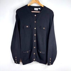 VTG Leon Levin Cardigan L Lady Jacket Cotton Black Gold Button Preppy Old Money